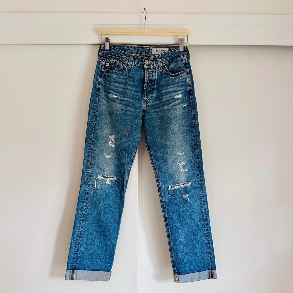 AG Adriano Goldschmied The Sloan High Rise Distressed Straight Jeans Blue 25R